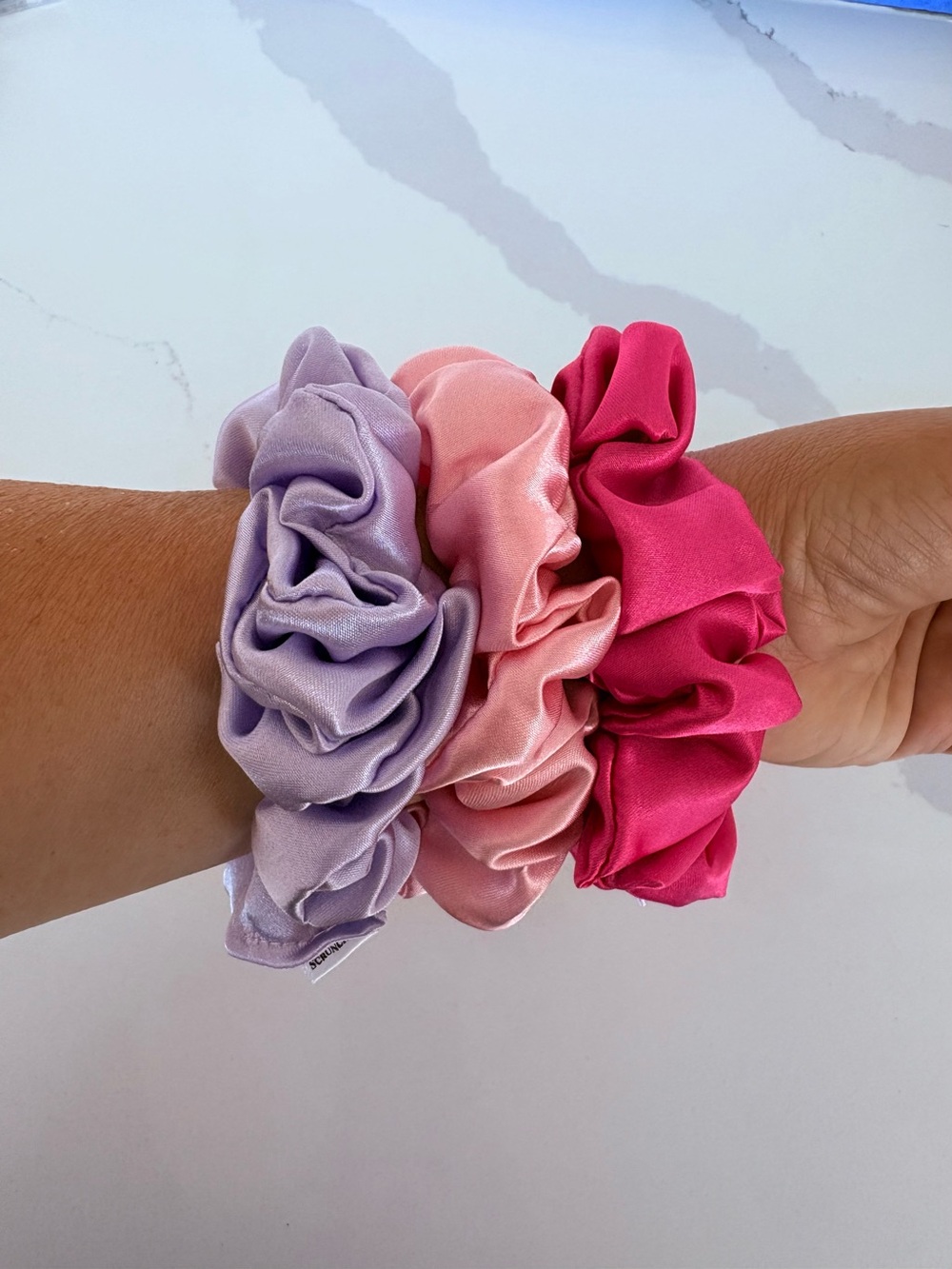 Set of 3 satin scrunchies pink, fuscia, lilac new